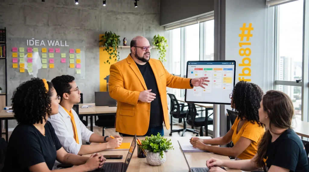 Flávio Sabugo, de terno amarelo, aponta para uma tela com o quadro do funil de vendas enquanto a equipe acompanha sentada à mesa com notebooks