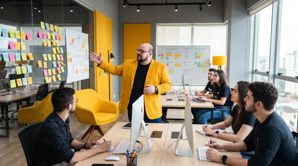 Flávio de blazer mostarda aponta para parede de vidro com post-its e mapa mental; equipe anota em mesa com iMacs