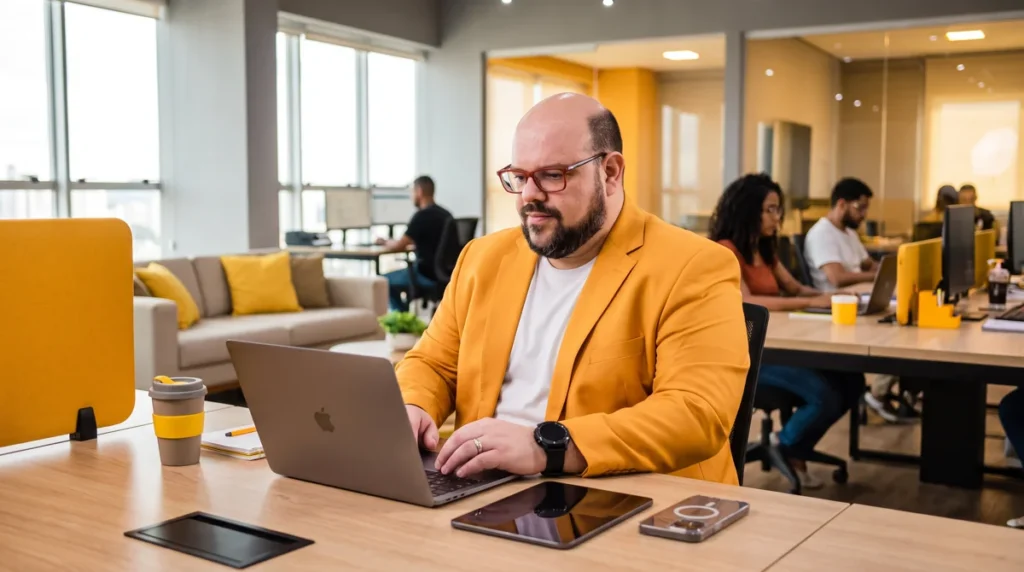 Flávio de blazer mostarda e camiseta branca digita no MacBook; escritório com sofá e equipe em notebooks