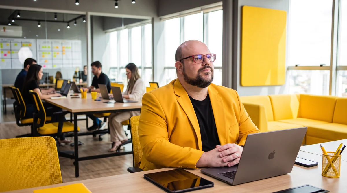 Flávio de blazer amarelo, mãos unidas sobre o MacBook, olha pensativo de lado; open space com equipe e sofá amarelo