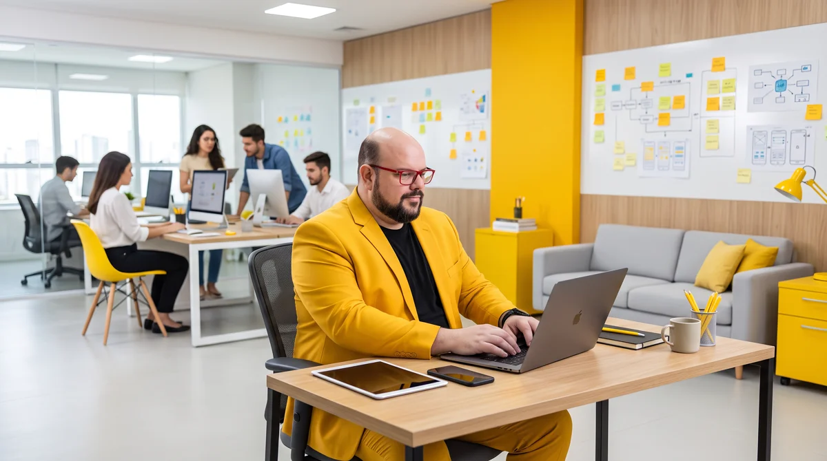 Flávio de terno amarelo digita no MacBook com tablet e celular; quadros de fluxos e post-its ao fundo