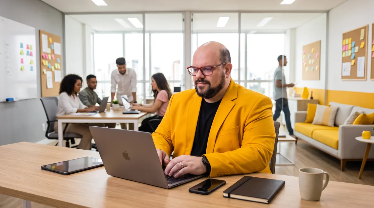 Flávio de blazer amarelo e camiseta preta digita no MacBook; sala com equipe, sofá amarelo e murais de post-its