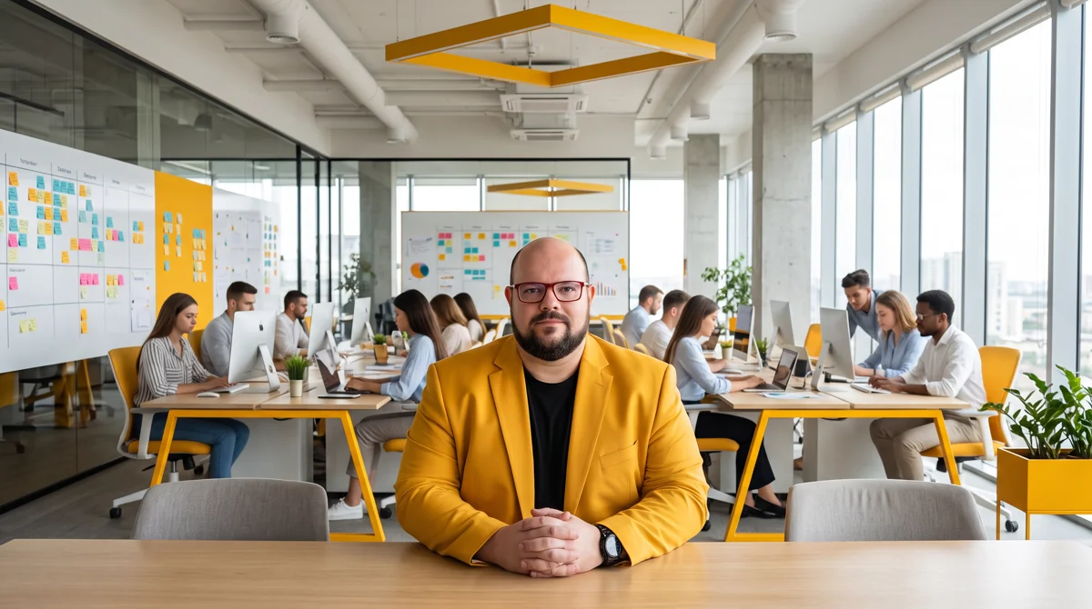 Flávio de blazer amarelo sentado à mesa, mãos juntas; open space com equipe e quadros de post-its