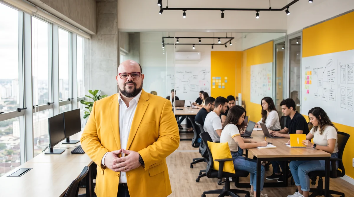 Flávio de blazer amarelo e camisa branca, mãos juntas; equipe em notebooks e parede amarela