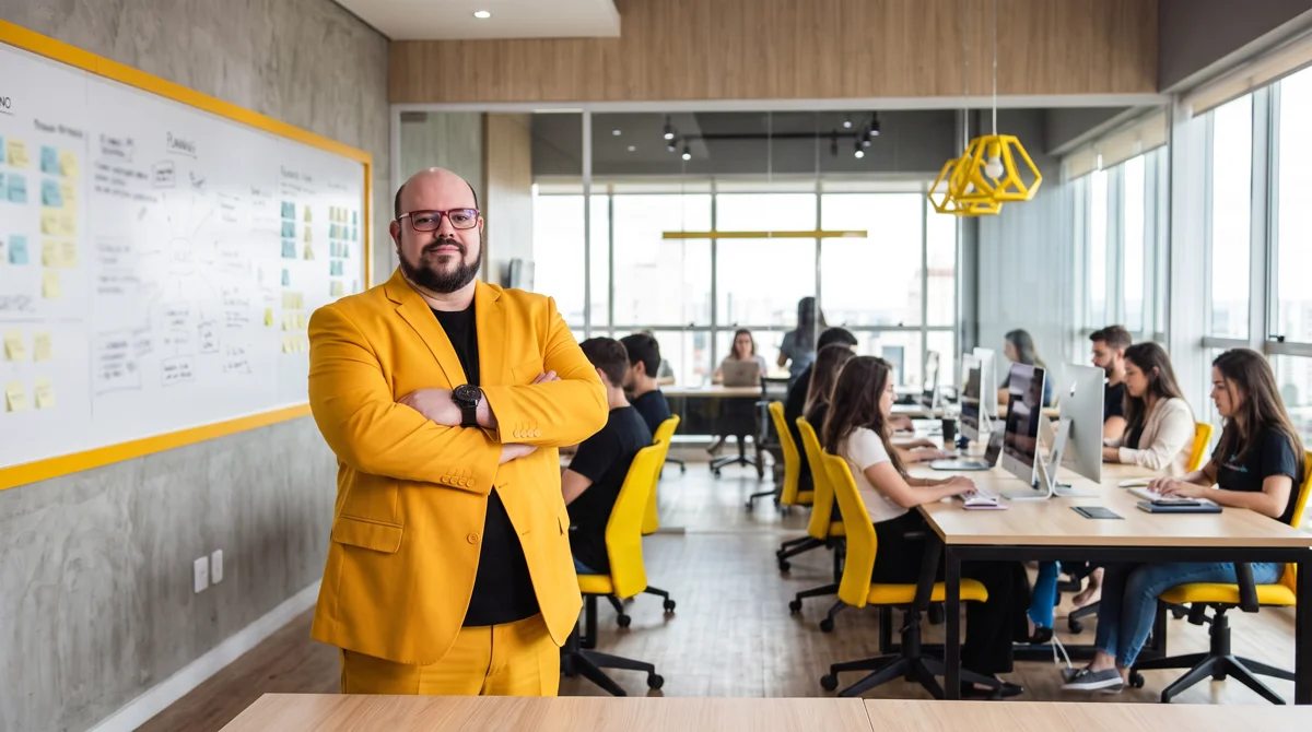 Flávio de terno amarelo de braços cruzados olha a câmera; quadro branco com post-its e equipe aos computadores