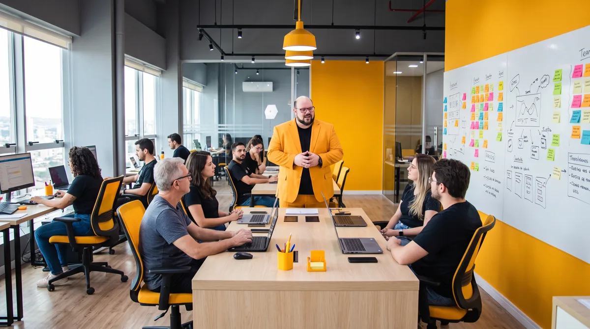 Flávio de blazer amarelo, mãos unidas, na ponta da mesa em escritório aberto; quadro de post-its à direita