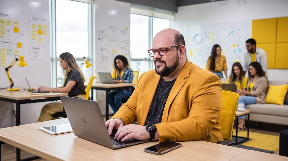 Flávio de blazer mostarda e camiseta cinza digita no MacBook; equipe e quadros com gráficos ao fundo