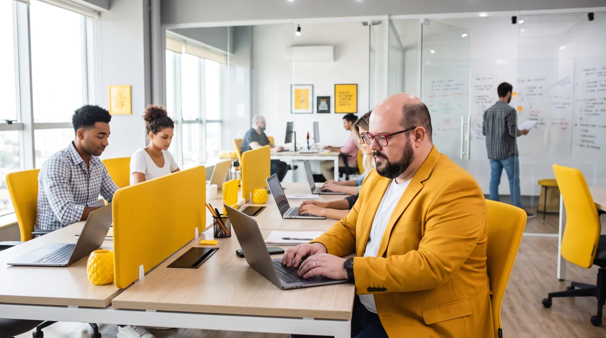 Flávio de blazer amarelo e camiseta branca digitando no notebook; baias amarelas e equipe