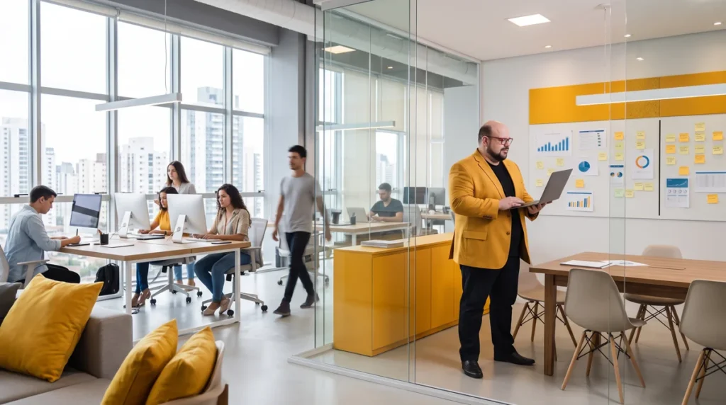 Flávio de blazer mostarda consulta o notebook em sala de vidro, com painel de gráficos de resultados e equipe trabalhando ao fundo