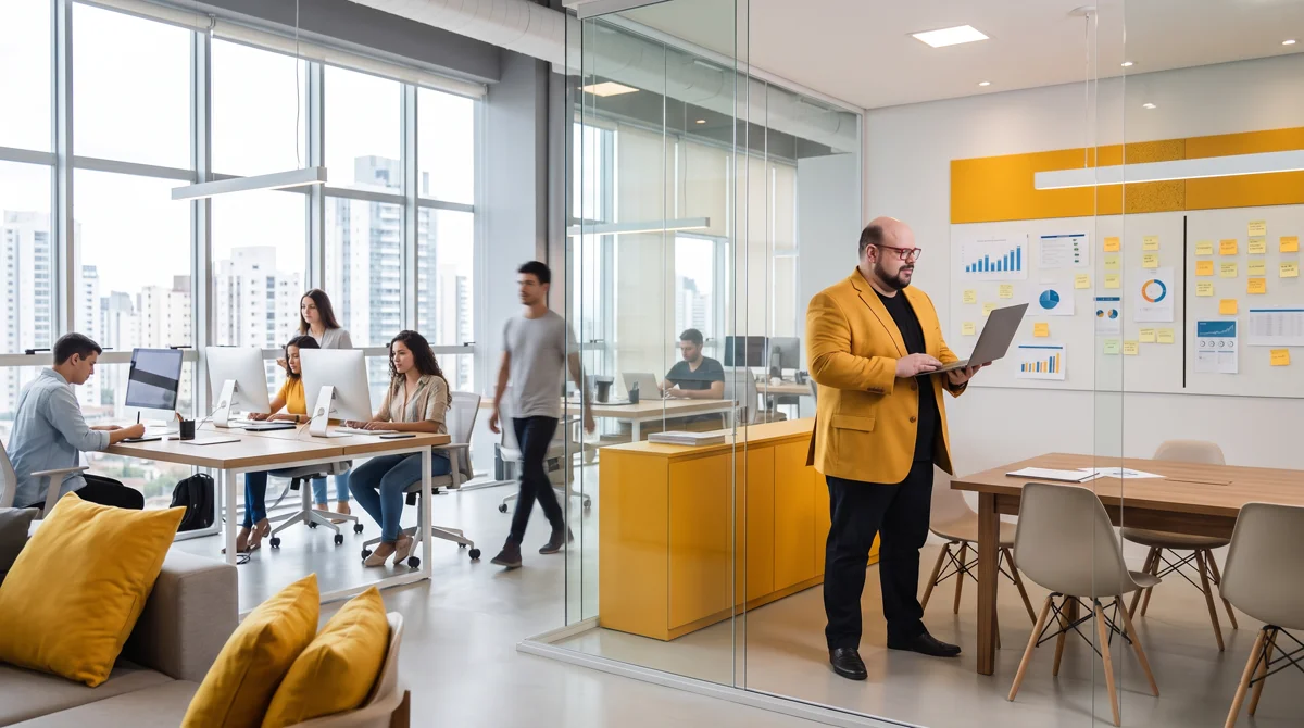 Flávio de blazer mostarda consulta o notebook em sala de vidro, com painel de gráficos de resultados e equipe trabalhando ao fundo