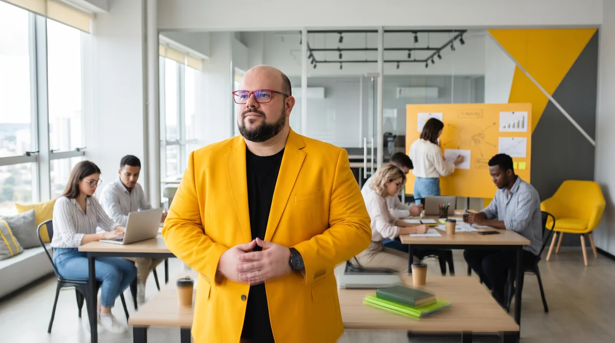 Flávio de blazer amarelo e camiseta preta, mãos juntas, em escritório com equipe à mesa e painel amarelo com gráficos ao fundo
