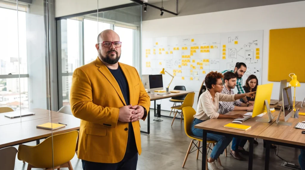 Flávio de blazer amarelo mostarda de mãos juntas encarando a câmera; equipe e quadro de post-its ao fundo
