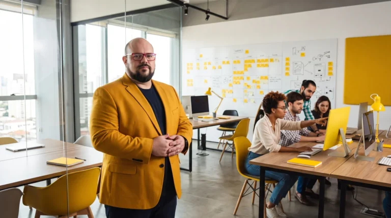 Flávio de blazer amarelo mostarda de mãos juntas encarando a câmera; equipe e quadro de post-its ao fundo