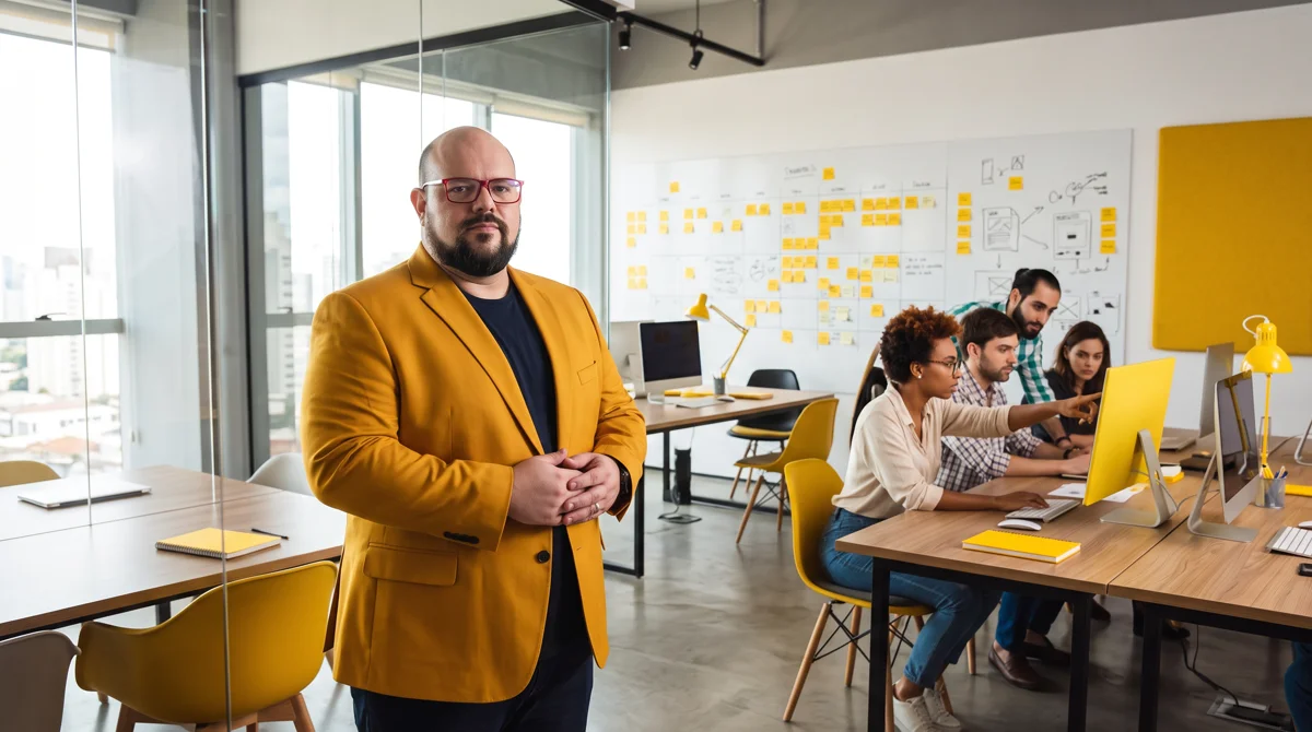 Flávio de blazer amarelo mostarda de mãos juntas encarando a câmera; equipe e quadro de post-its ao fundo