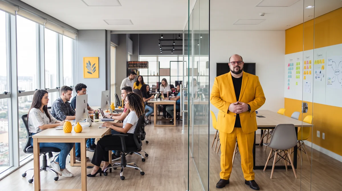 Flávio de terno amarelo de mãos juntas na sala de reunião envidraçada; equipe trabalhando ao lado