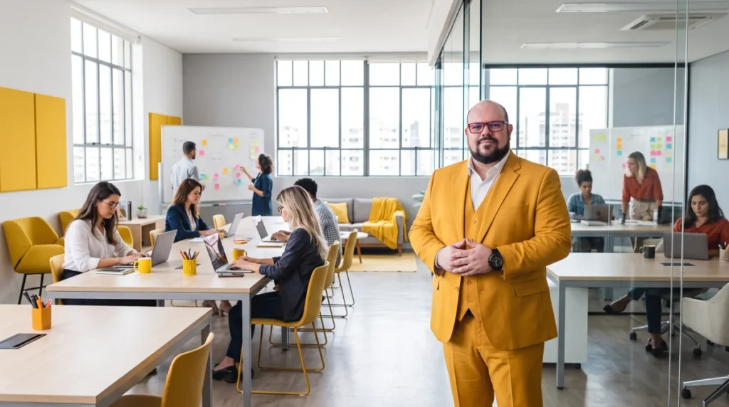 Flávio de terno amarelo com colete, mãos juntas; open space com equipe em notebooks e quadros