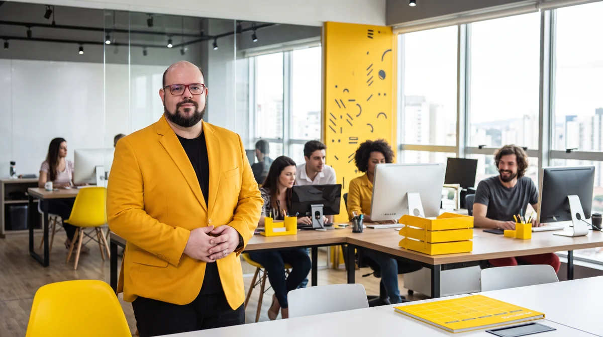 Flávio de blazer amarelo e camiseta preta, mãos juntas; escritório com equipe e painel amarelo