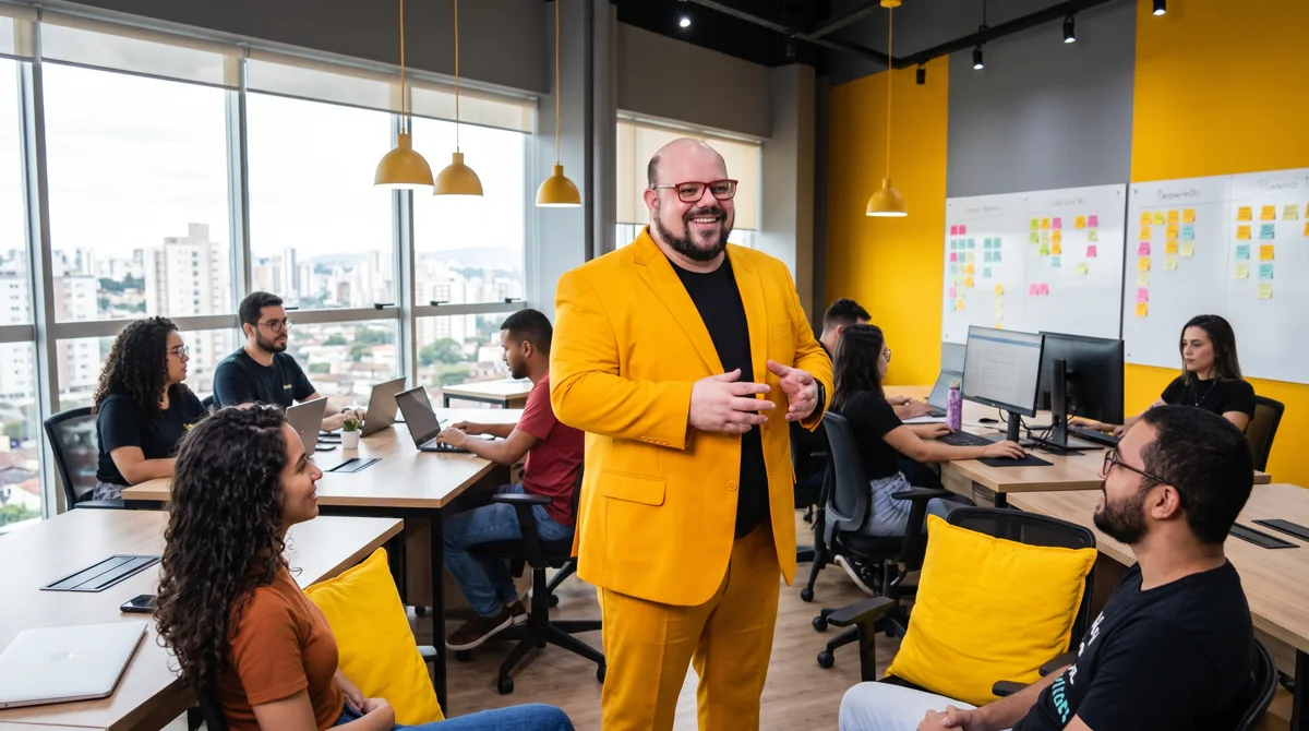 Flávio de terno amarelo completo conversa gesticulando com a equipe nas estações de trabalho do escritório aberto