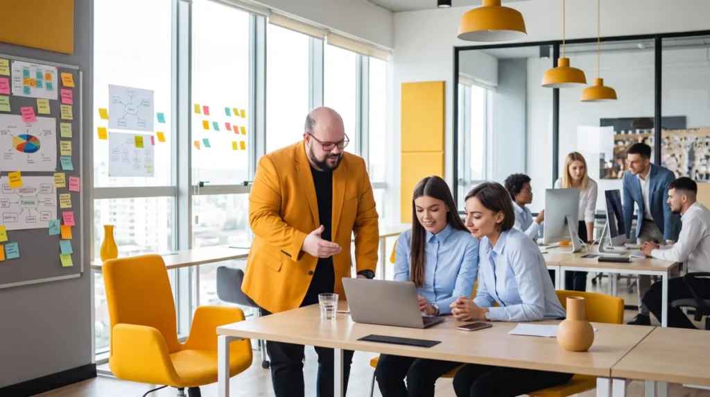 Flávio de blazer amarelo orienta duas colaboradoras que analisam vídeos no notebook