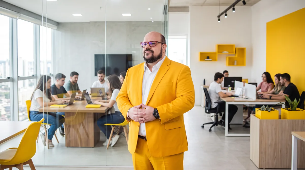 Flávio de terno amarelo e camisa branca, mãos unidas, olhando para o lado em escritório com equipe ao fundo