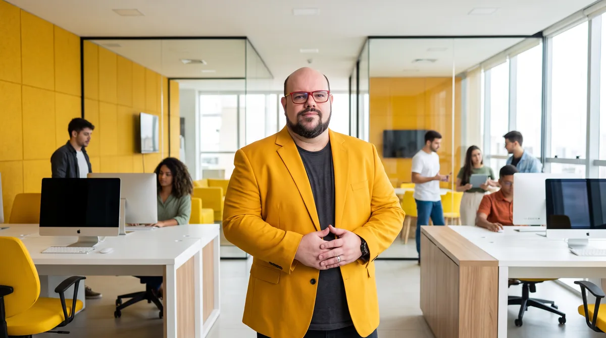 Flávio de blazer amarelo e camiseta cinza posa de frente, mãos unidas, em escritório com parede amarela e equipe