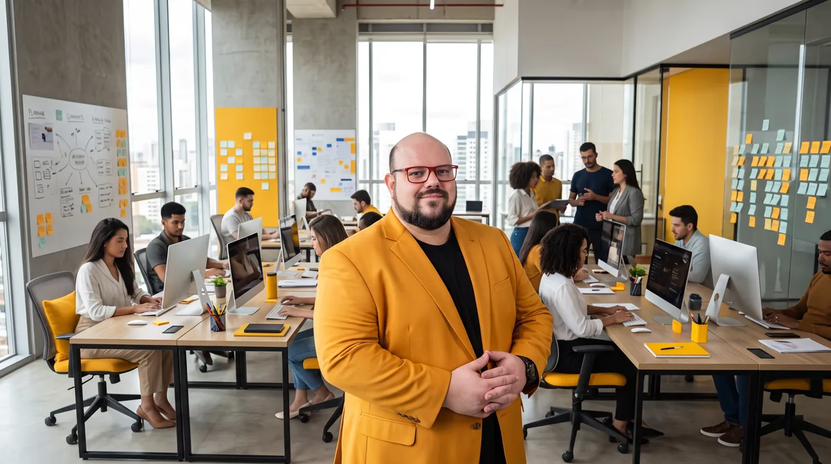 Flávio de blazer amarelo e camiseta preta, mãos unidas, em escritório aberto com equipe e quadros de post-its
