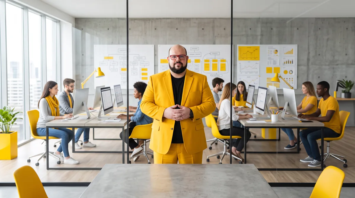 Flávio de terno amarelo e camiseta preta, mãos unidas, encarando a câmera; equipe trabalha em computadores e quadros com gráficos ao fundo