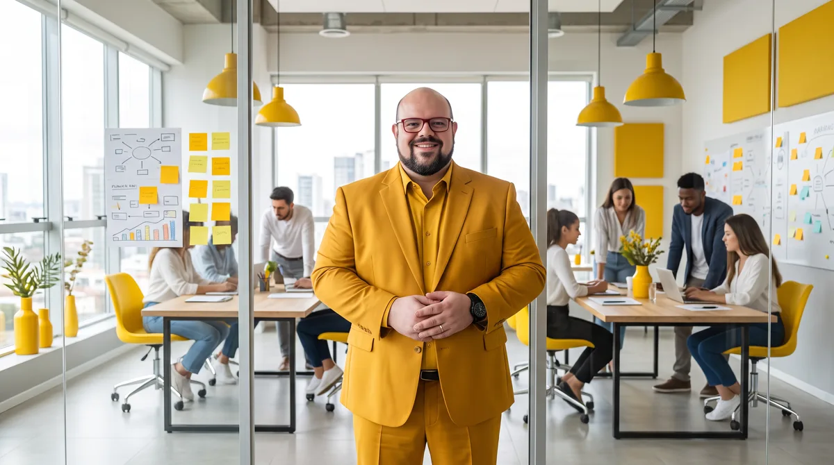 Flávio de terno e camisa amarelos, mãos unidas, sorrindo em escritório aberto com post-its e equipe ao fundo