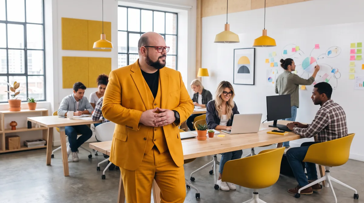 Flávio de terno amarelo completo, mãos unidas, em escritório aberto com equipe e post-its ao fundo