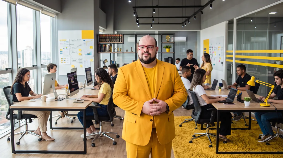 Flávio de terno amarelo, mãos unidas, em escritório aberto com equipe em computadores e tapete amarelo