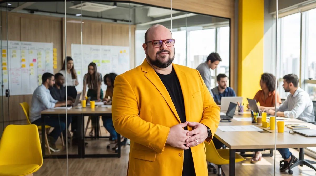 Flávio de blazer amarelo e camiseta preta, mãos unidas, sorrindo; equipe em reunião na sala envidraçada ao fundo