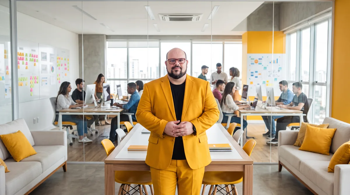 Flávio de terno amarelo e camiseta preta, mãos unidas, à frente da mesa de reunião com a equipe atrás do vidro