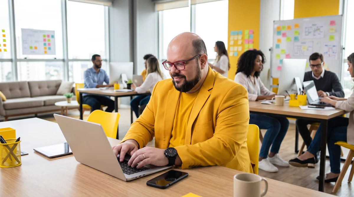 Flávio de blazer amarelo sorri enquanto trabalha no notebook em mesa de escritório, com equipe e quadros de post-its ao fundo