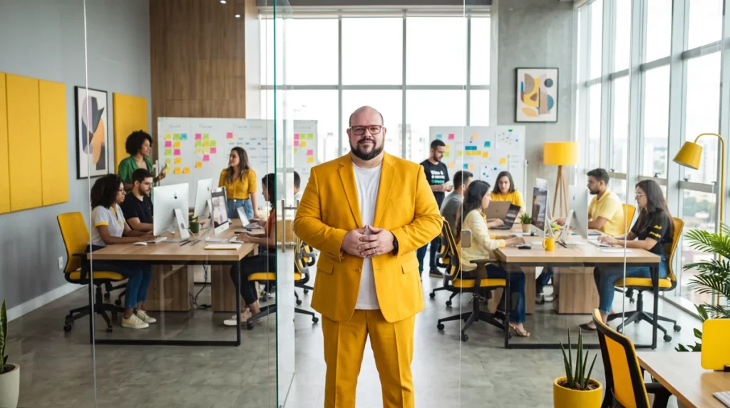 Flávio de terno amarelo e camiseta branca, corpo inteiro, mãos juntas; escritório aberto com equipe