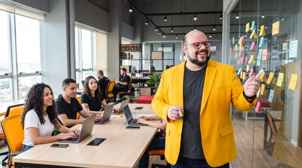 Flávio de blazer amarelo com caneta apontando post-its no vidro; equipe em notebooks à mesa