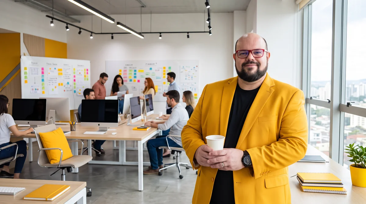 Flávio de blazer amarelo segurando copo de café; janela à direita, equipe e quadros de post-its