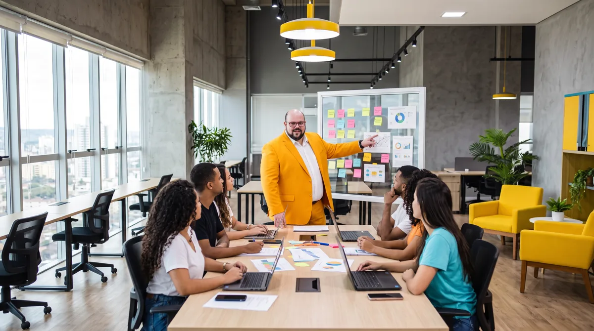 Flávio de terno amarelo aponta para painel de vidro com post-its e gráficos; equipe com notebooks e relatórios