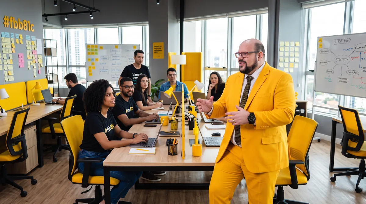 Flávio Sabugo, de terno amarelo, conversa com a equipe comercial reunida à mesa, com quadros de planejamento e post-its na parede ao fundo