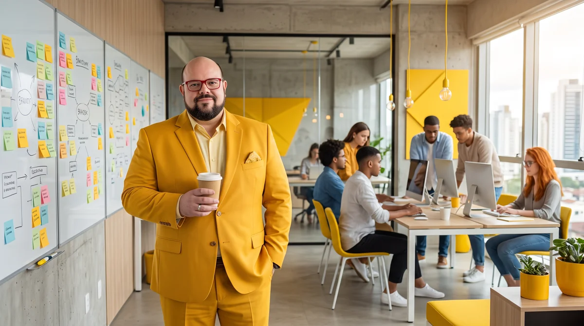 Flávio de terno amarelo segurando copo de café ao lado da parede de post-its; equipe ao fundo