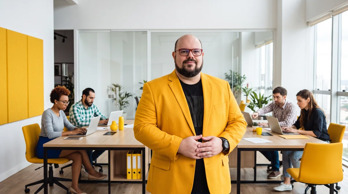 Flávio de blazer amarelo de mãos juntas no centro do open space; equipe em mesas com notebooks