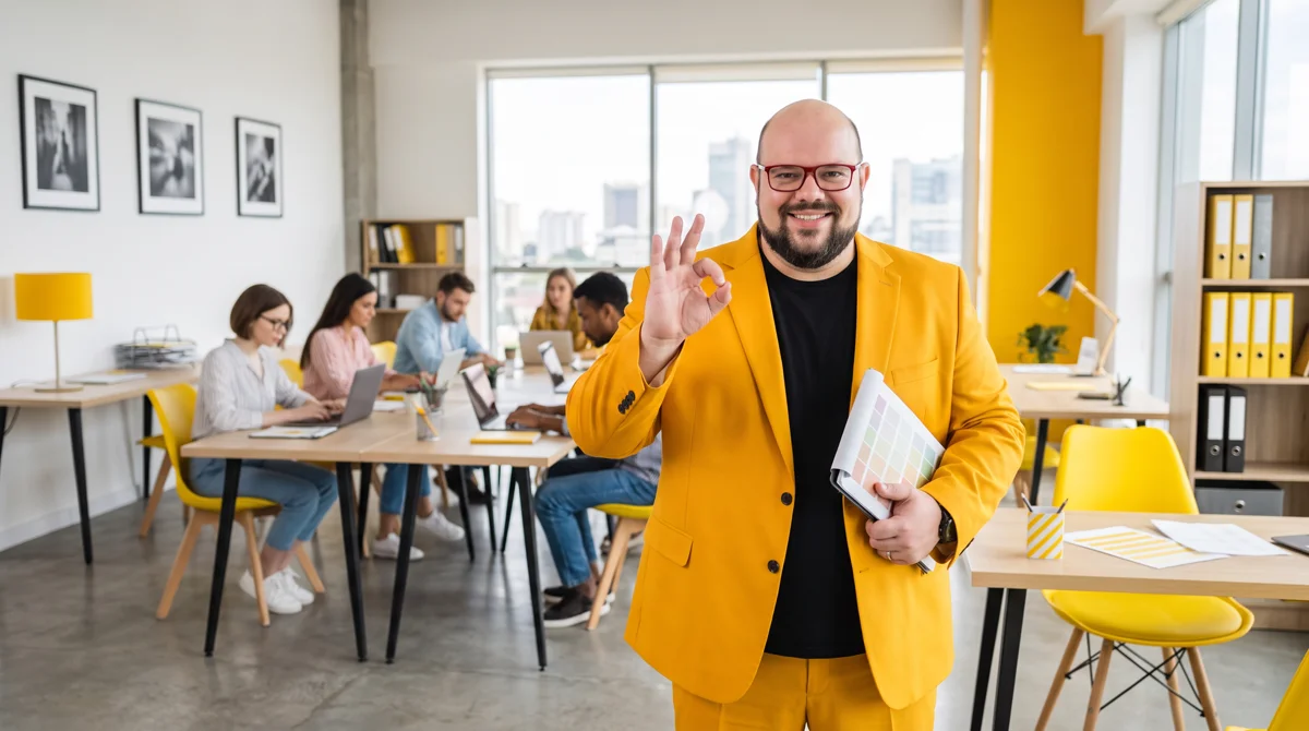Flávio de terno amarelo faz sinal de ok segurando catálogo de cores; equipe em mesas ao fundo