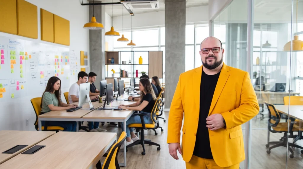 Flávio de terno amarelo e camiseta preta posa em pé no escritório aberto da agência, com a equipe trabalhando ao fundo