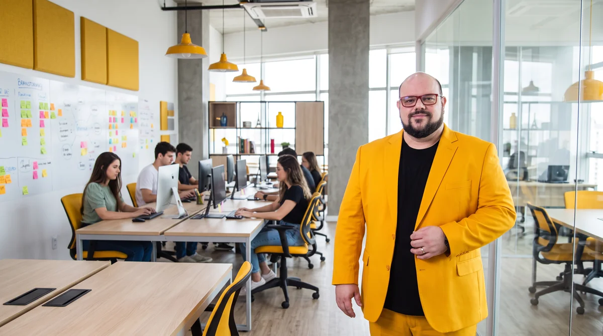 Flávio de terno amarelo e camiseta preta posa em pé no escritório aberto da agência, com a equipe trabalhando ao fundo