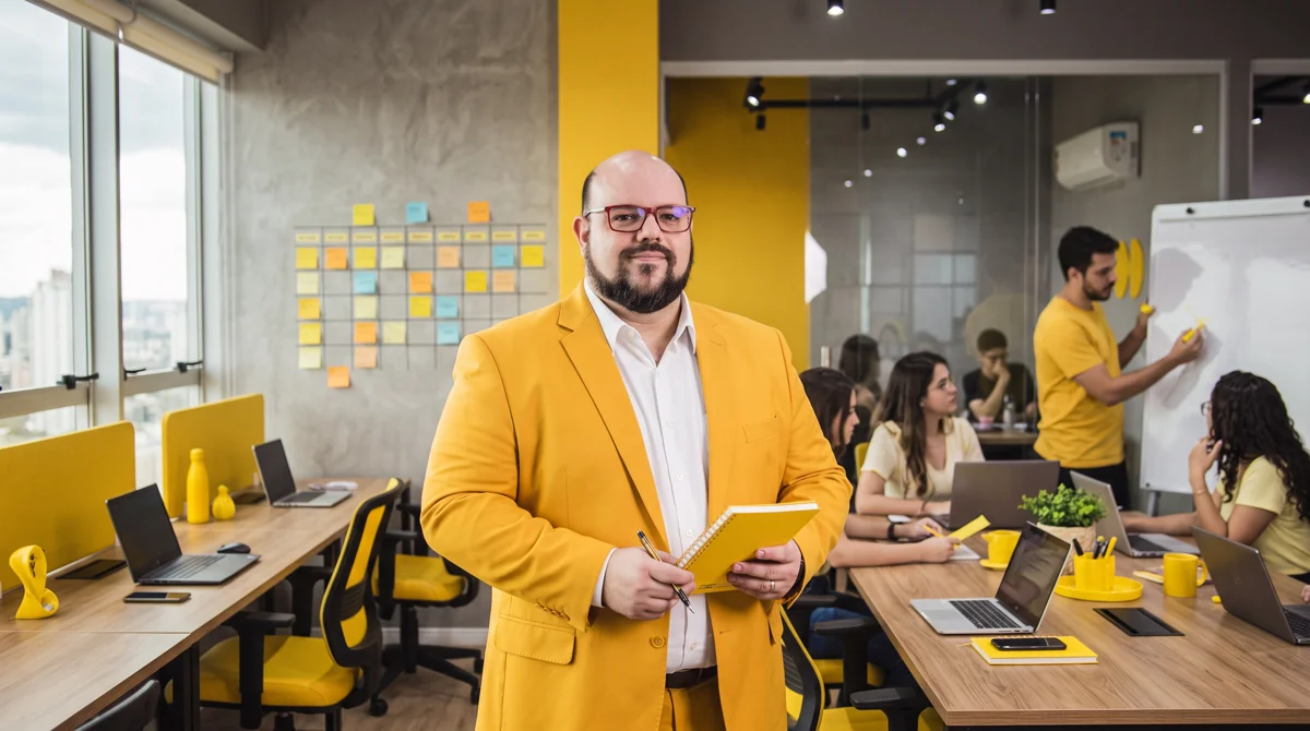 Flávio de terno amarelo e camisa branca segura caderno e caneta; equipe trabalhando ao fundo