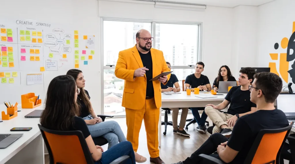 Flávio de terno amarelo com tablet conduz reunião de metas com a equipe sentada, com quadro de planejamento ao fundo