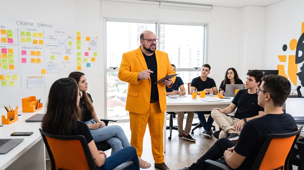 Flávio de terno amarelo com tablet conduz reunião de metas com a equipe sentada, com quadro de planejamento ao fundo