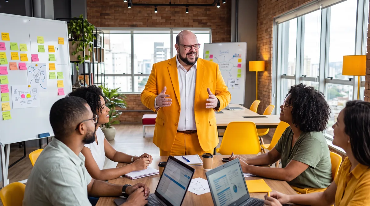Flávio de terno amarelo e camisa branca, sorrindo, gesticula para equipe com notebooks exibindo dashboards