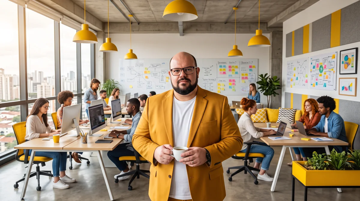 Flávio de blazer mostarda e camiseta branca, em pé, segura xícara de café; equipe e quadros de post-its