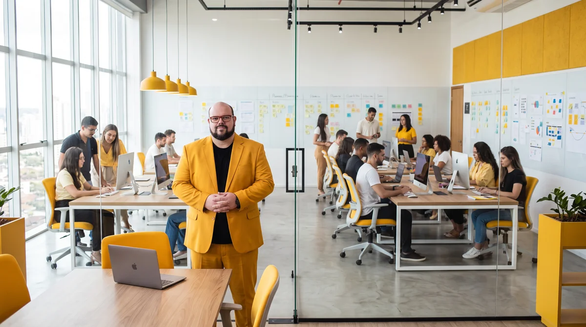 Flávio de terno amarelo, em pé, mãos unidas, posa de frente; open space envidraçado com equipe em iMacs