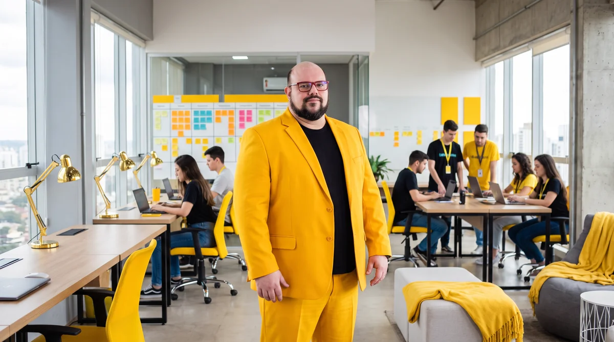 Flávio de blazer amarelo e camiseta preta em pé no escritório da agência, com a equipe e quadros de planejamento ao fundo